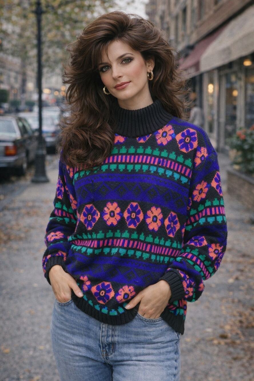 Glamour Knit Mock Neck Sweater Pullover Blue Long Sleeve Geometric Print Size 42